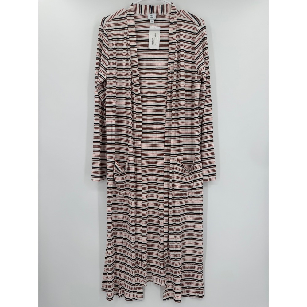 Peyton Jensen Jenny Multi Striped Ribbed Duster Cardigan Ivory Rust Navy L NEW